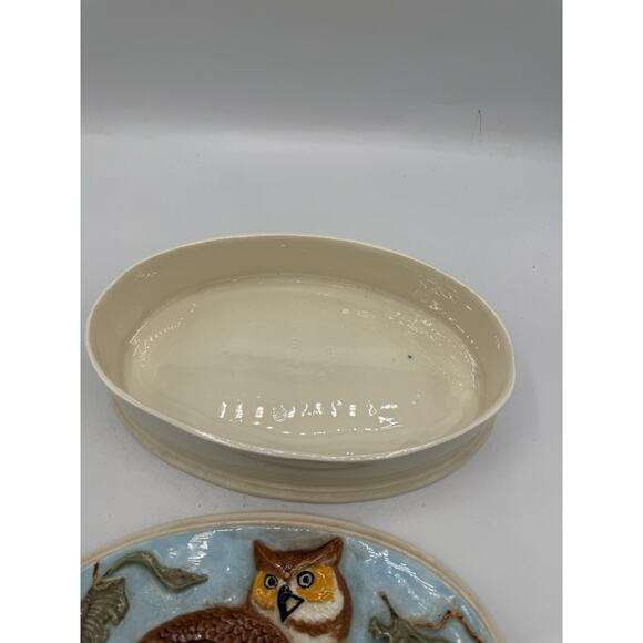 Vintage Embossed Owl Ceramic Trinket Box M.R. Signed Oval Nature Scene 8x5” - Picture 6 of 12